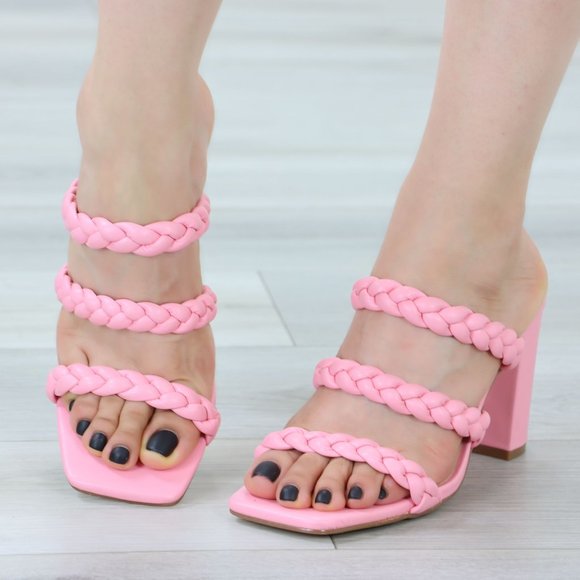 Pink Braded Straps Block High Heels Slip On Square Open Toe Heeled Summer Sandal - Picture 5 of 13